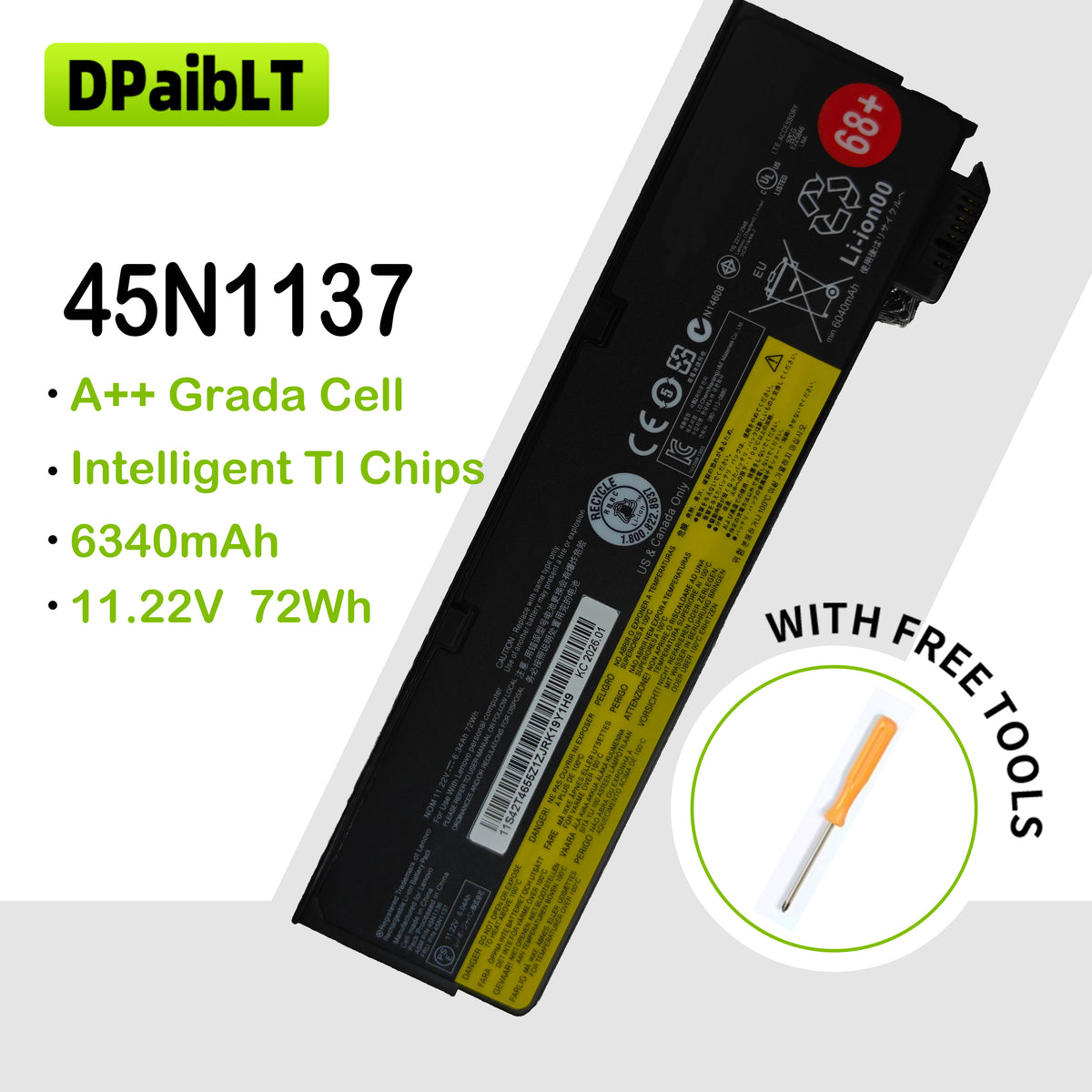 DPaibLT 45N1137 72Wh 11.22V Laptop Battery for Lenovo ThinkPad T440 T450 T460 X240 X250 (6340mAh/6-Cell)