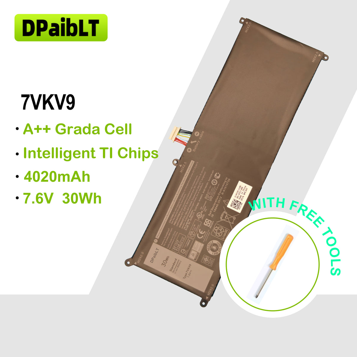 DPaibLT 7VKV9 30Wh 7.6V Laptop Battery for Dell Latitude 7275 & XPS 12 9250 (4020mAh)