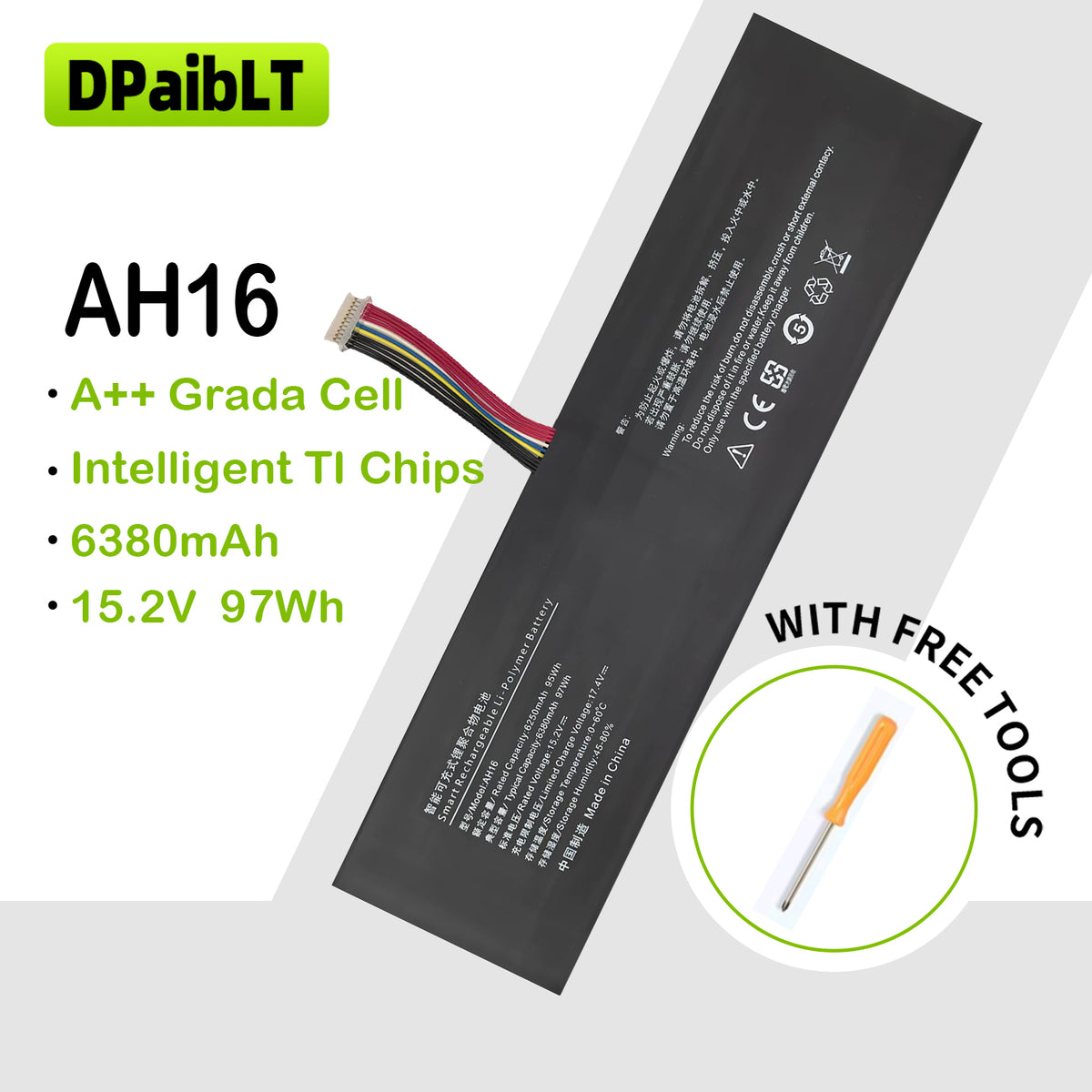 DPaibLT AH16 97Wh 15.2V Laptop Battery for Aierxuan Youxia R3 16-inch i9 Notebook (6380mAh)