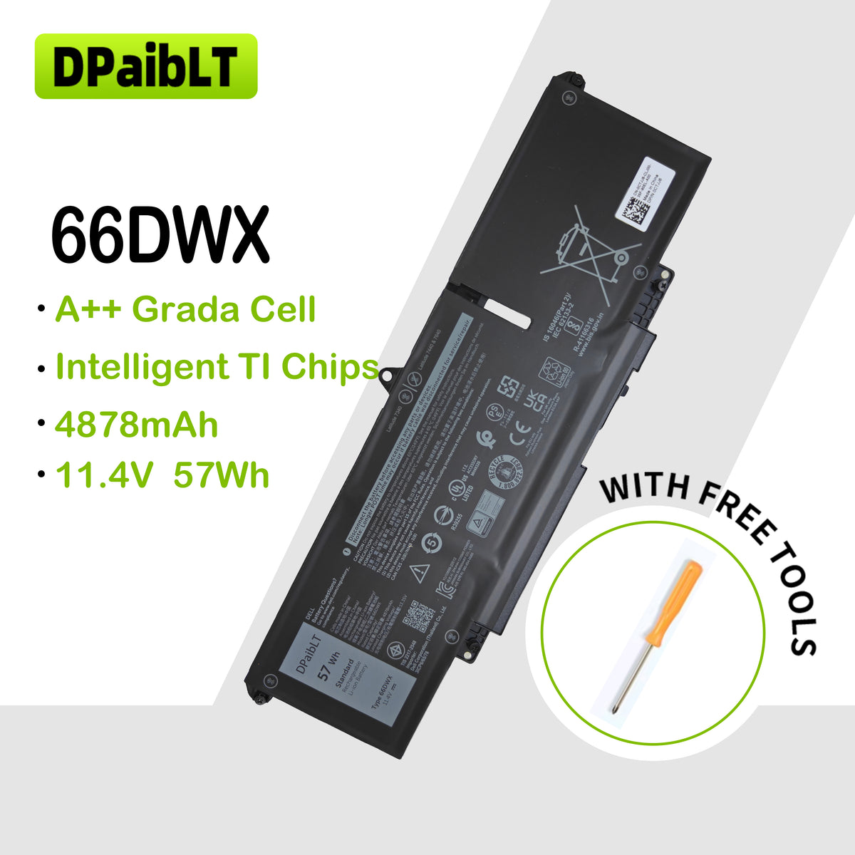 DPaibLT NEW 57Wh 11.4V 4878MAH 66DWX Replacement LAPTOP BATTERY for Latitude 7340 7440 7640 Series WW8N8 047T0