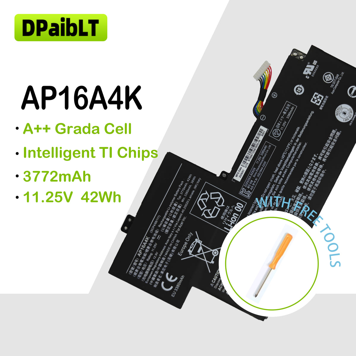 DPaibLT AP16A4K 42Wh 11.25V Laptop Battery for Acer Aspire 1 AO1-132 & Swift 1 SF113-31 (3770mAh)
